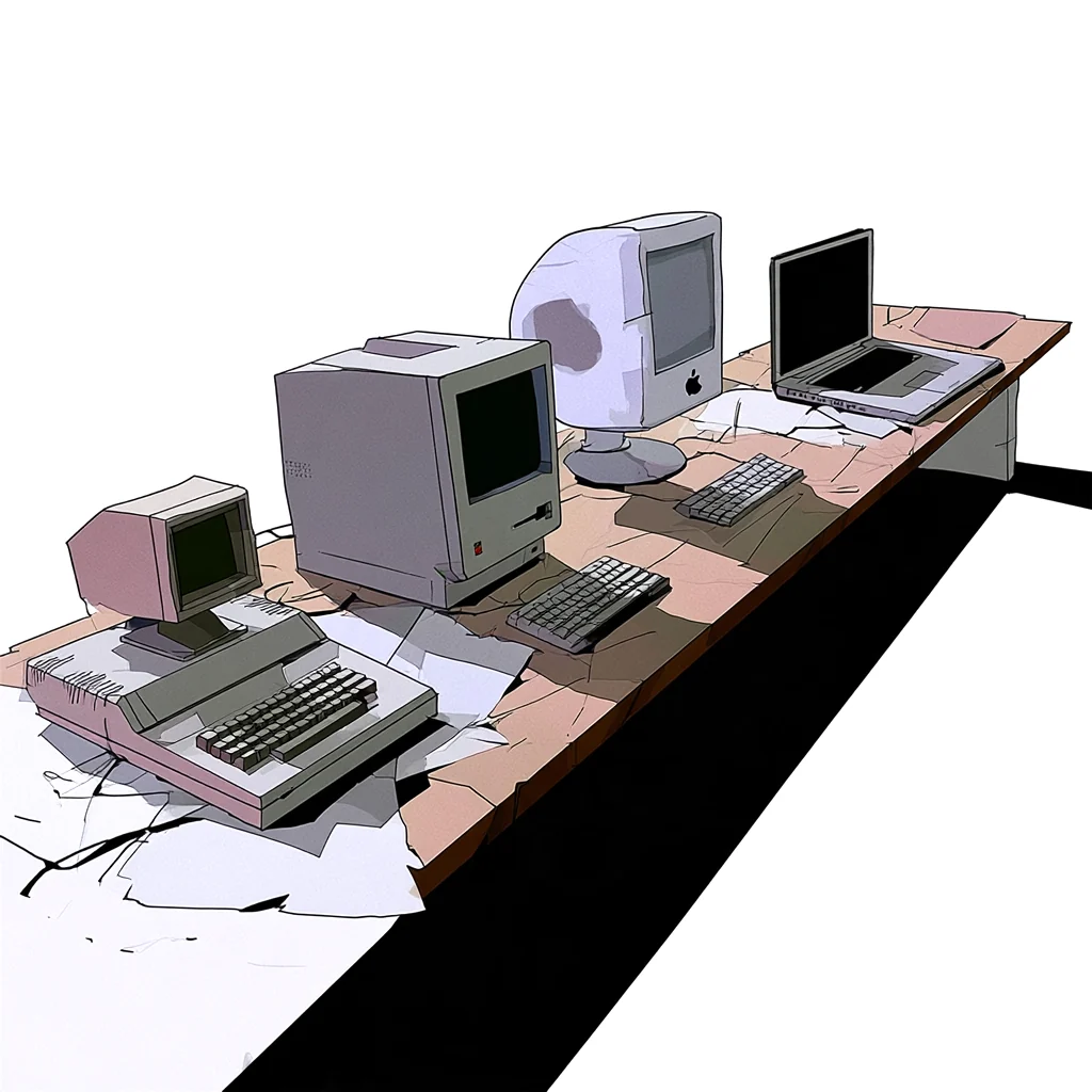 Drawing of an Apple IIc, a Macintosh, an iMac and a MacBook on one long desk