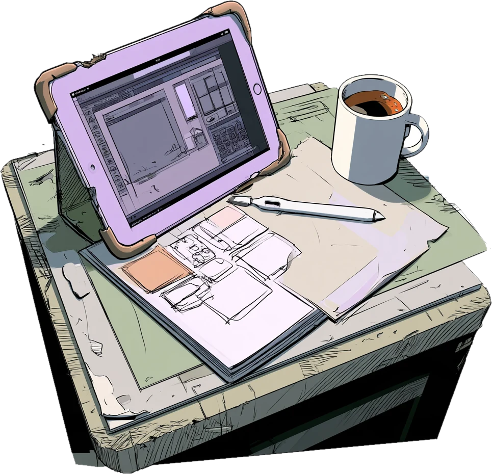 Drawing of a battered iPad with app wireframes, a stylus and a coffee mug