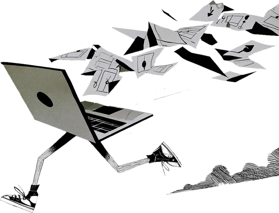 Drawing of a laptop sprinting on legs, scattering app sketches behind it