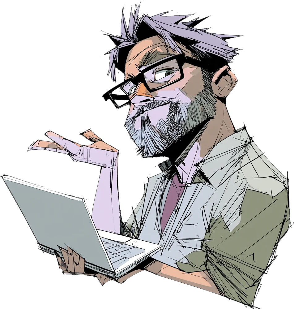 Drawing of Chuck holding a laptop and gesturing, as if to say let's talk