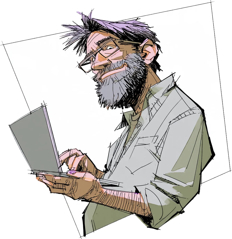 Drawing of Chuck typing on a laptop, grinning over his glasses