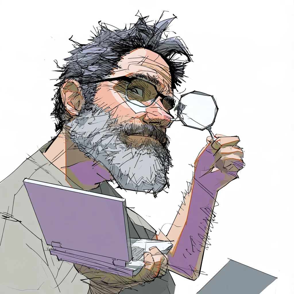 Drawing of Chuck peering through a magnifying glass, laptop under his arm