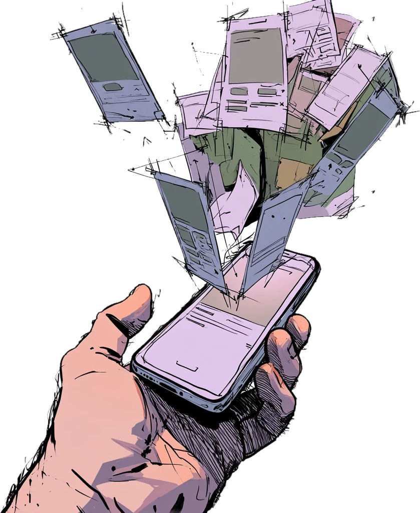 Drawing of a hand holding a phone with app screens bursting out of it